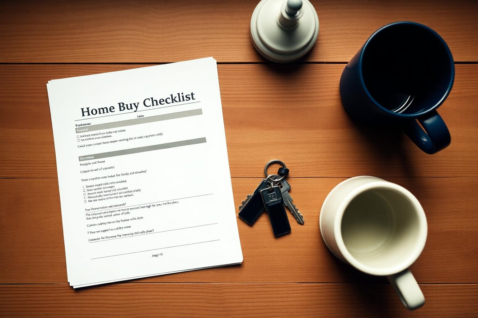 A printed home-buying checklist on a desk beside a set of house keys
