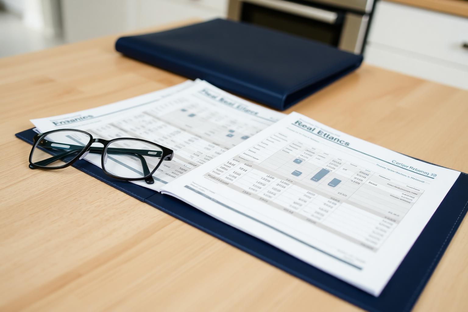 A printed comparable-sales report with charts on a kitchen table