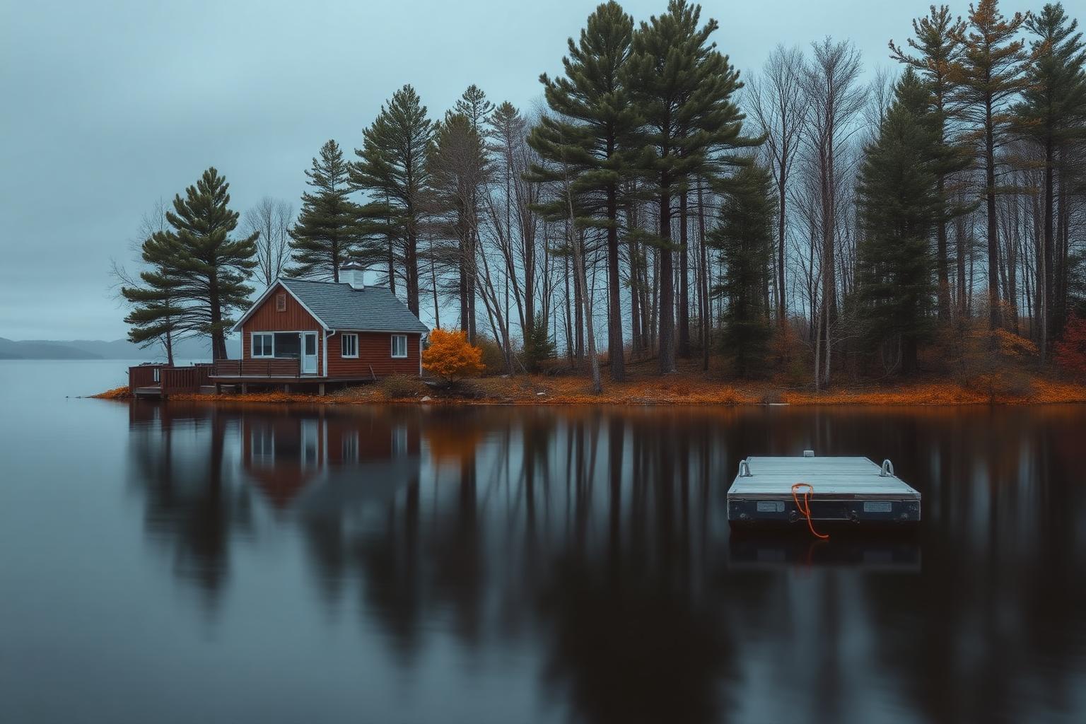A small cottage and dock on a calm New Hampshire lake in early autumn